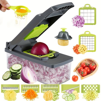 14pcs/set, Vegetable Chopper, Multifunctional Fruit Slicer, Manual Food Grater, Vegetable Slicer, Cutter With Container And Hand Guard, Onion Mincer Chopper, Household Potato Shredder, Kitchen Stuff, Kitchen Gadgets, Back To School Supplies