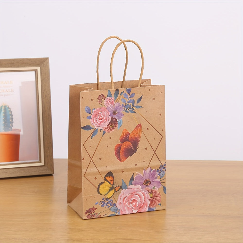 8/16pcs, Kraft Paper Party Packaging Bag, Butterfly Printing Handbag, Shopping Bag, Kraft Paper Bag, Birthday Gift, Party Gift, Candy And Biscuit Packaging, Hand-held Paper Bag, Small Snack Packaging Bag, Small Business Supplies