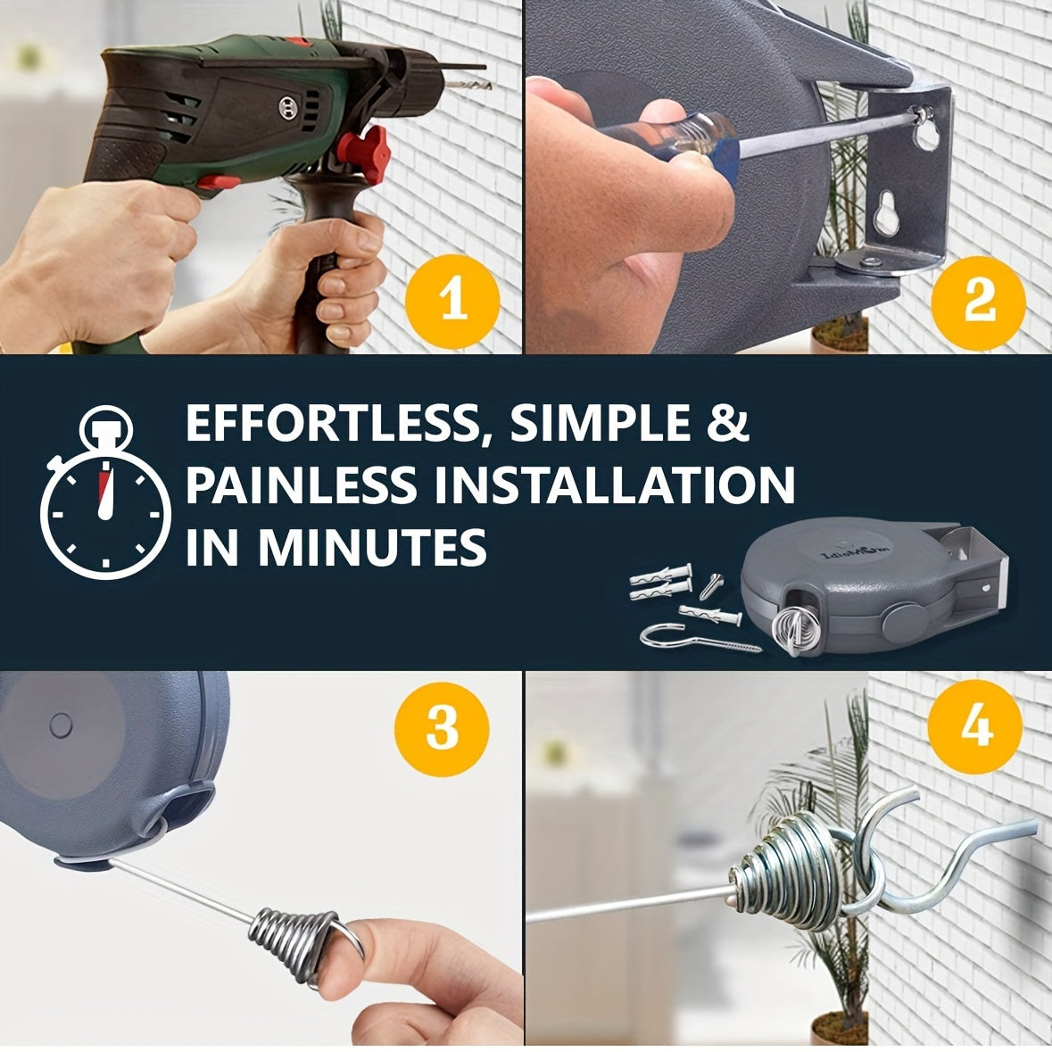 1pc Heavy Duty 40 Feet Retractable Clothesline - Indoor/Outdoor Wall Mounted Washing Line for Wet/Dry Laundry - Easy Installation - Grey