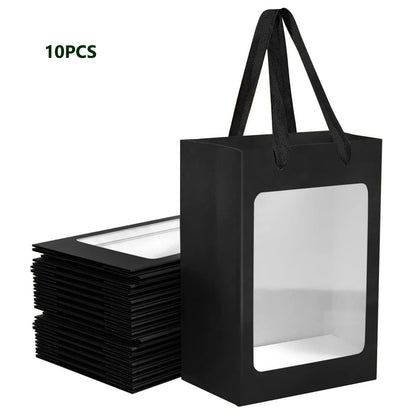 10pcs Black Kraft Paper Gift Bags With Transparent Window, 9.84"x7.0"x5.12" Kraft Shopping Bags With Handles For Present, Festivals Party for retail stores, boutique and supermarkets