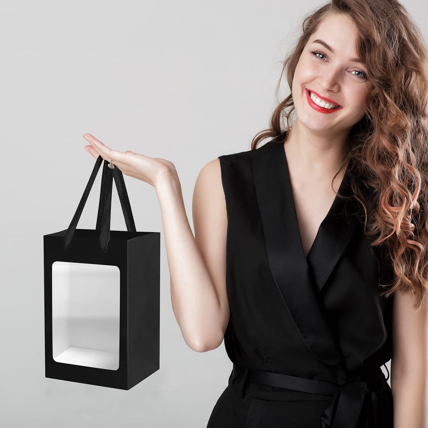 10pcs Black Kraft Paper Gift Bags With Transparent Window, 9.84"x7.0"x5.12" Kraft Shopping Bags With Handles For Present, Festivals Party for retail stores, boutique and supermarkets