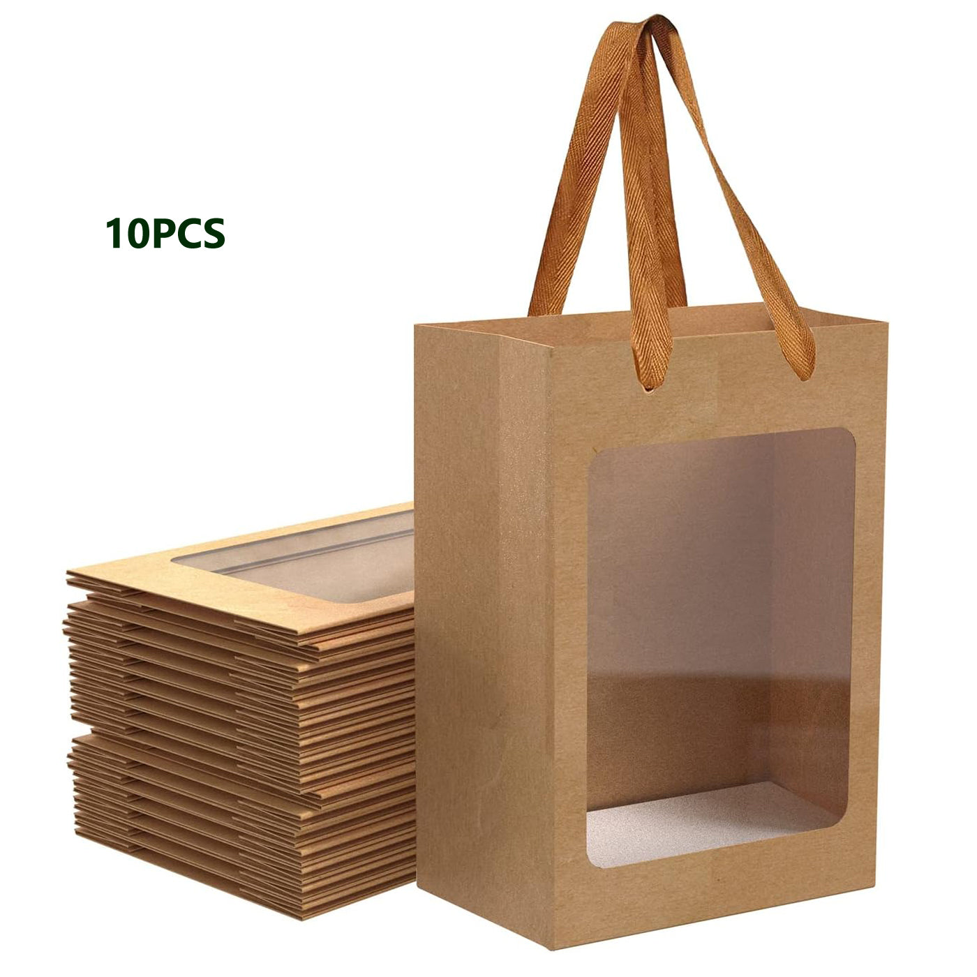 10pcs Black Kraft Paper Gift Bags With Transparent Window, 9.84"x7.0"x5.12" Kraft Shopping Bags With Handles For Present, Festivals Party for retail stores, boutique and supermarkets