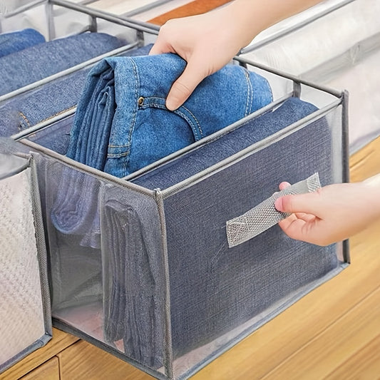 1pc Wardrobe Clothes Organizer with Handle - 7 Grids Drawer Organizer for Jeans, T-shirts - Washable Grey Storage Organizer for Folded Clothes