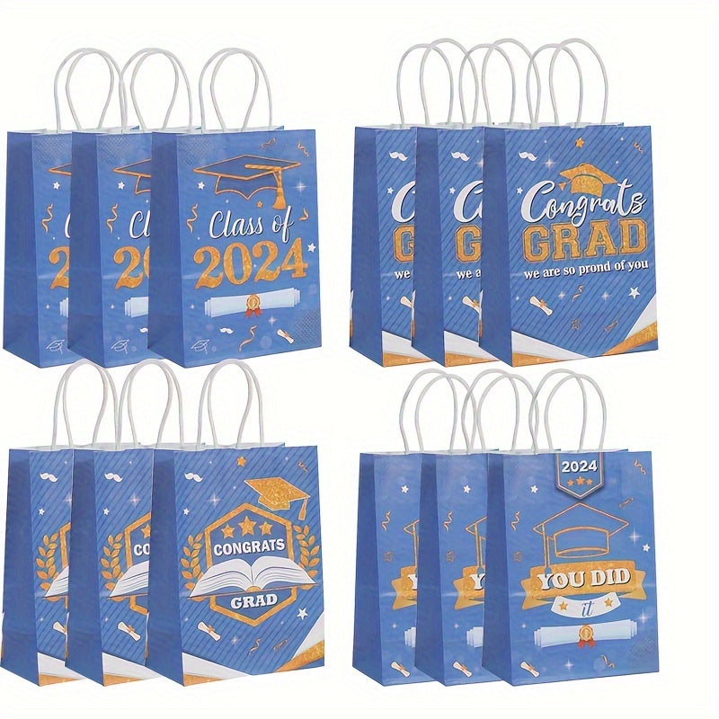 12/24pcs, Graduation Gift Bags,party Gift Bags, Graduation Season Handbags, Printed Packaging Bags, Shopping Bags, Blue Kraft Paper Bags For Graduation Season Theme Party Supplies Decoration