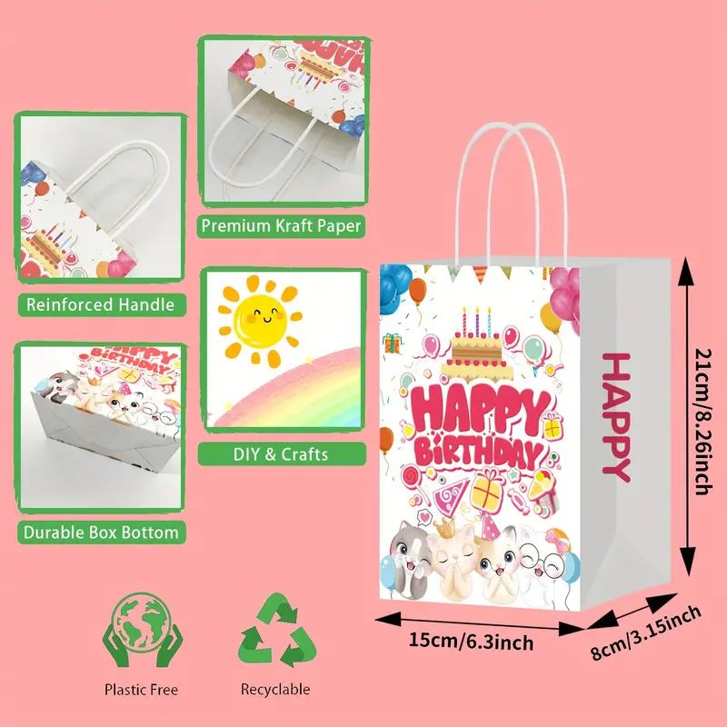 10/50/100 pcs, Happy Birthday Cute Kitten Tote Bag, Birthday Gift Bag, Shopping Bag, Candy Bag, Baking Supplies Bag, Gift Bag For Birthday Party