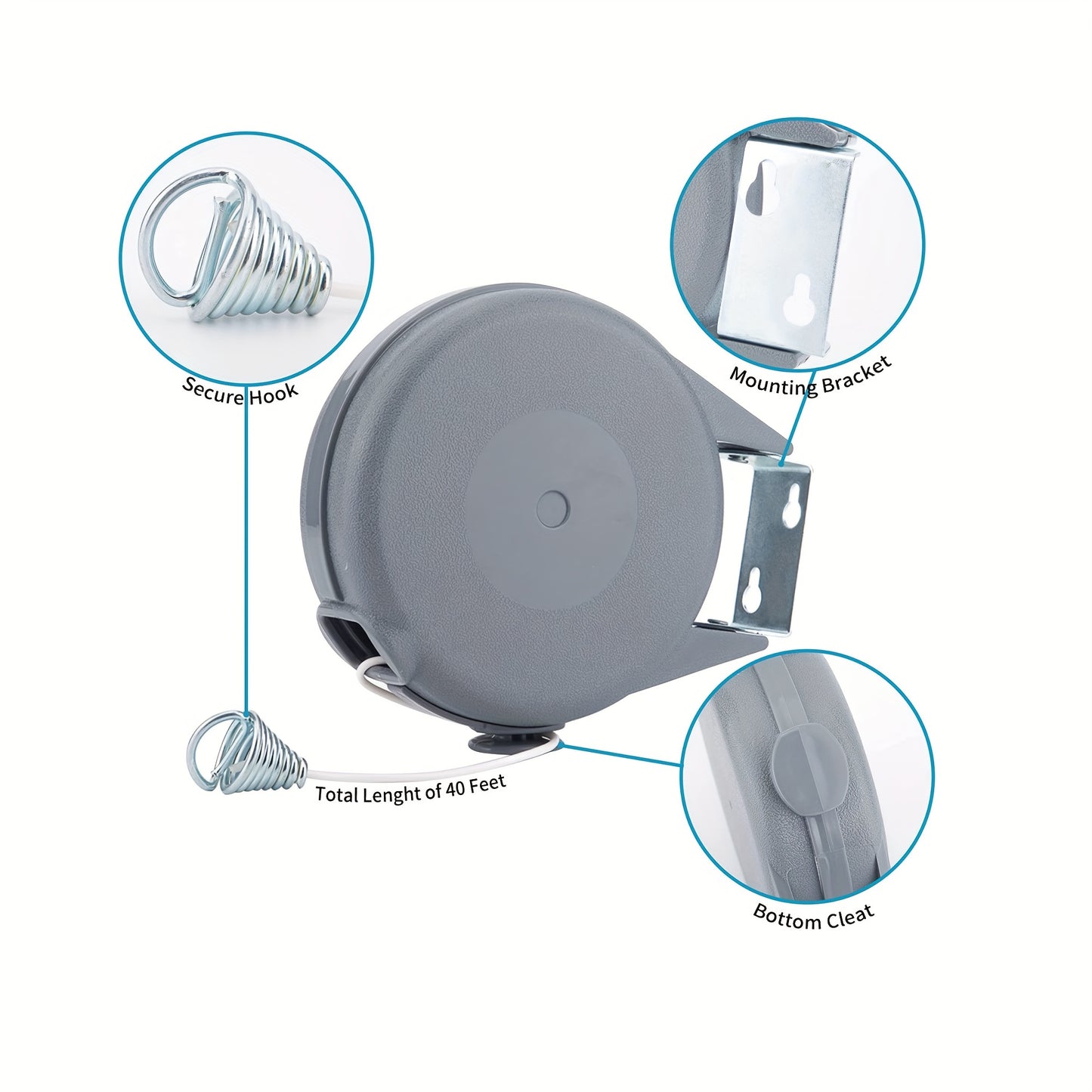 1pc Heavy Duty 40 Feet Retractable Clothesline - Indoor/Outdoor Wall Mounted Washing Line for Wet/Dry Laundry - Easy Installation - Grey