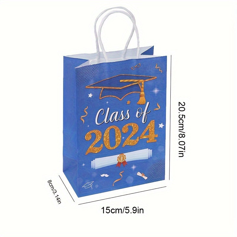 12/24pcs, Graduation Gift Bags,party Gift Bags, Graduation Season Handbags, Printed Packaging Bags, Shopping Bags, Blue Kraft Paper Bags For Graduation Season Theme Party Supplies Decoration