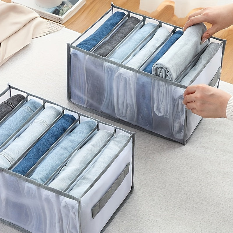 1pc Wardrobe Clothes Organizer with Handle - 7 Grids Drawer Organizer for Jeans, T-shirts - Washable Grey Storage Organizer for Folded Clothes