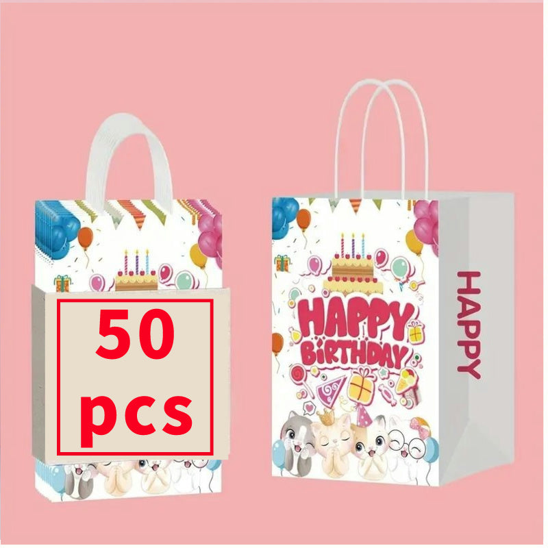 10/50/100 pcs, Happy Birthday Cute Kitten Tote Bag, Birthday Gift Bag, Shopping Bag, Candy Bag, Baking Supplies Bag, Gift Bag For Birthday Party