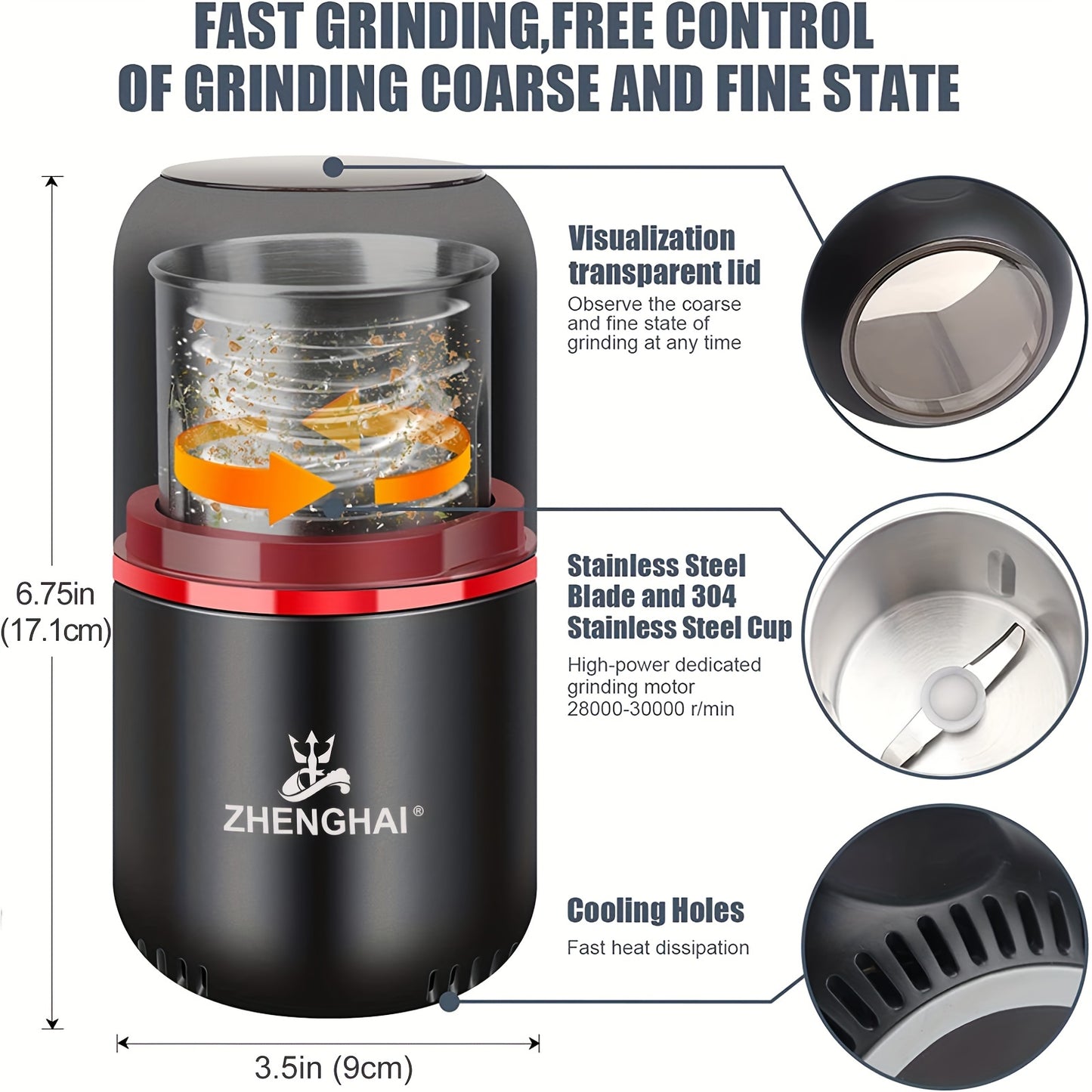 ZHENGHAI 4.23oz Large Capacity Electric Spice Grinder - Fast Grinding For Coffee Bean, Nuts, Dry Spices, Flower Buds - Includes Cleaning Brush