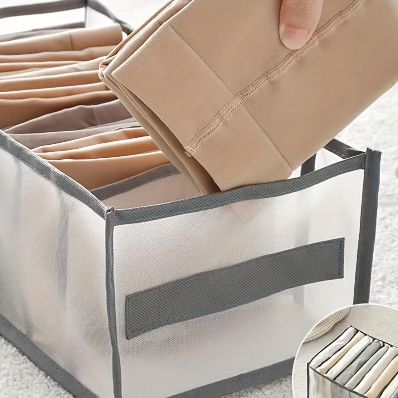 1pc Wardrobe Clothes Organizer with Handle - 7 Grids Drawer Organizer for Jeans, T-shirts - Washable Grey Storage Organizer for Folded Clothes