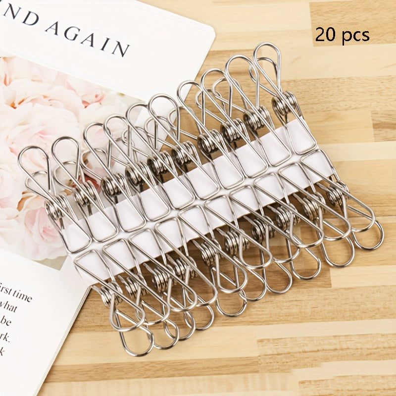 20pcs Stainless Steel Clothes Pins, Windproof Washing Line Clips, Household Socks Clip, Clothes Drying Small Clips, Multi-purpose Metal Utility Clips, For Laundry Home Kitchen Outdoor Travel Office