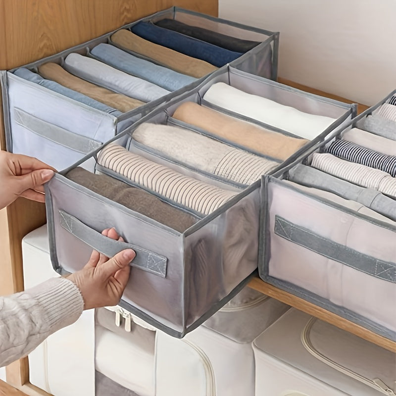 1pc Wardrobe Clothes Organizer with Handle - 7 Grids Drawer Organizer for Jeans, T-shirts - Washable Grey Storage Organizer for Folded Clothes