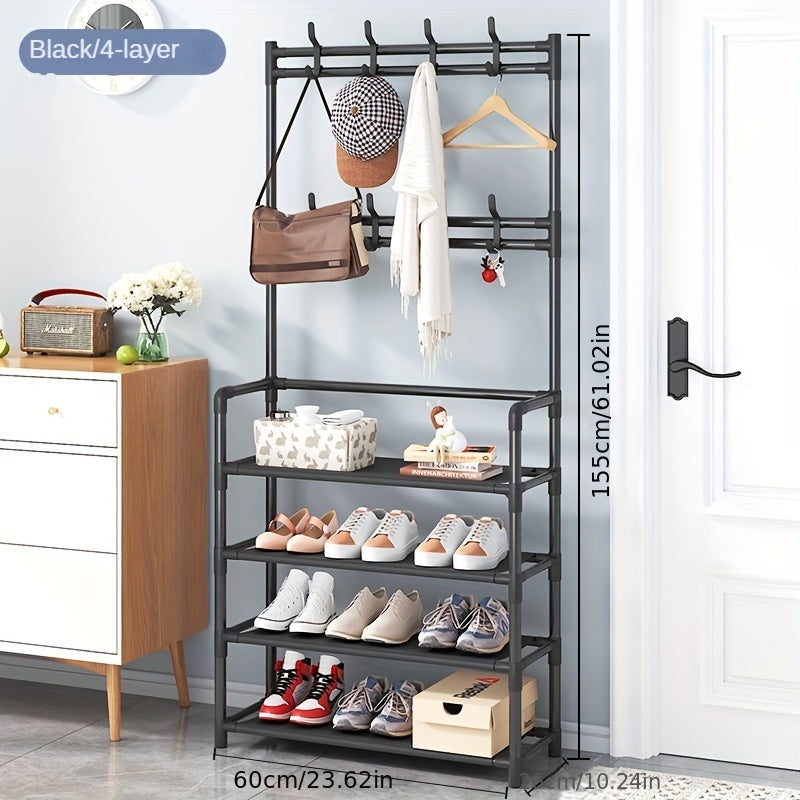 1pc, Coat Rack, Shoe Rack For Entryway, Shoe Organizer For Entryway Bench Hall Tree With Hooks For Bedroom, Rack Coat Combo, Hallway Shelf For Storage Shoes, Clothes, Coat, Hat, Bag, Umbrella, Home Accessories