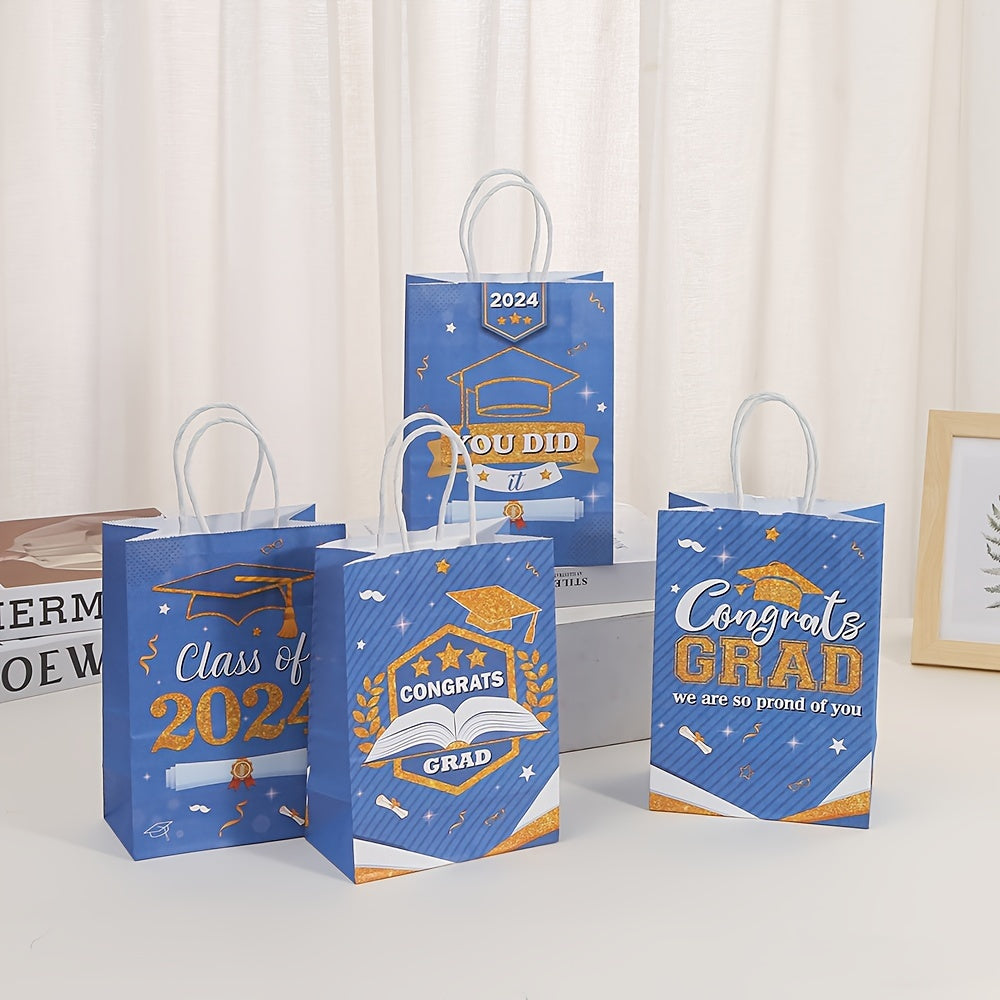 12/24pcs, Graduation Gift Bags,party Gift Bags, Graduation Season Handbags, Printed Packaging Bags, Shopping Bags, Blue Kraft Paper Bags For Graduation Season Theme Party Supplies Decoration