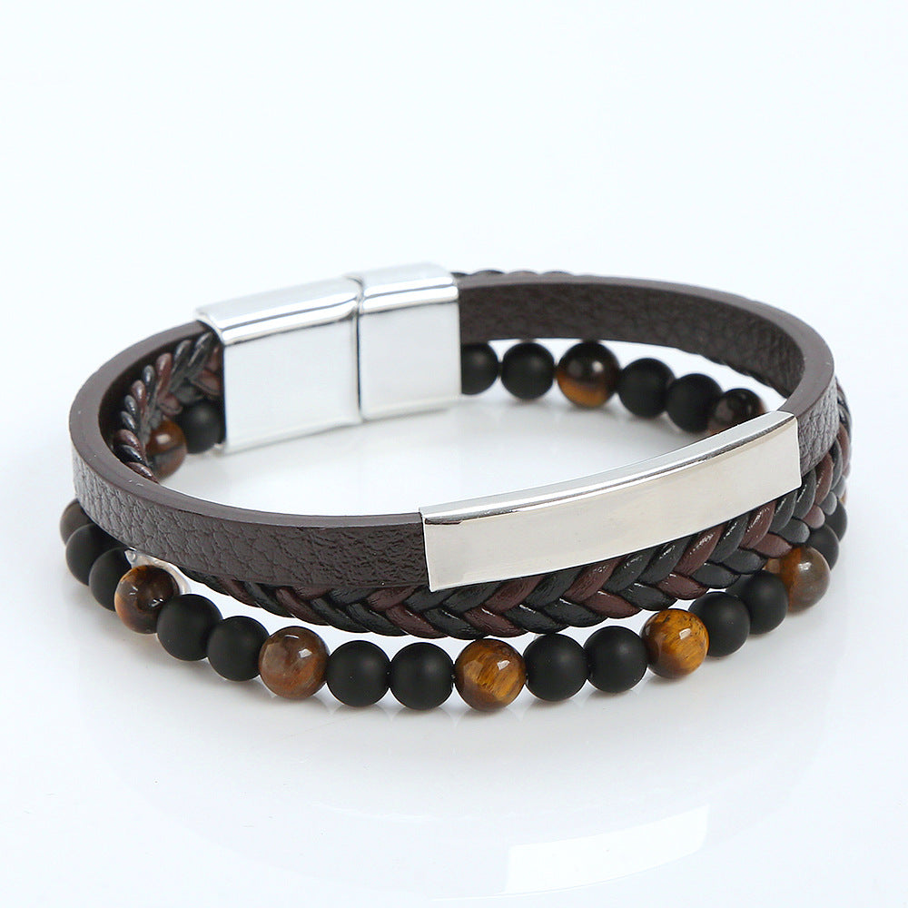 Men's stainless steel bracelet, magnet clasp leather cowhide rope braided,  Men's Bracelet Factory