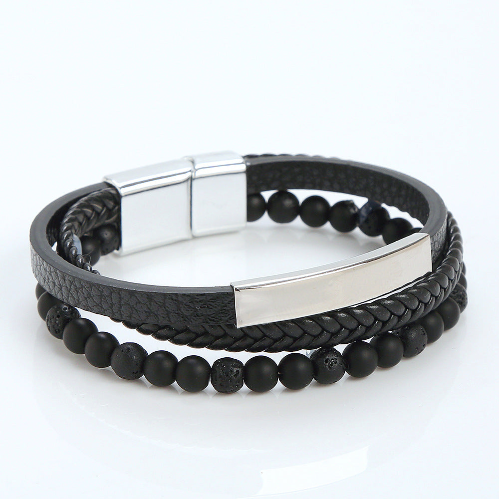 Men's stainless steel bracelet, magnet clasp leather cowhide rope braided,  Men's Bracelet Factory