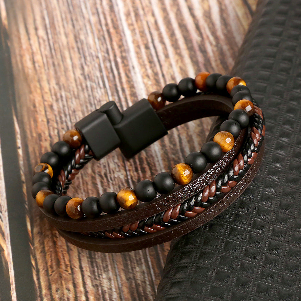 Men's Handmade Bracelets, Men's Braided Natural Obsidian Bracelet