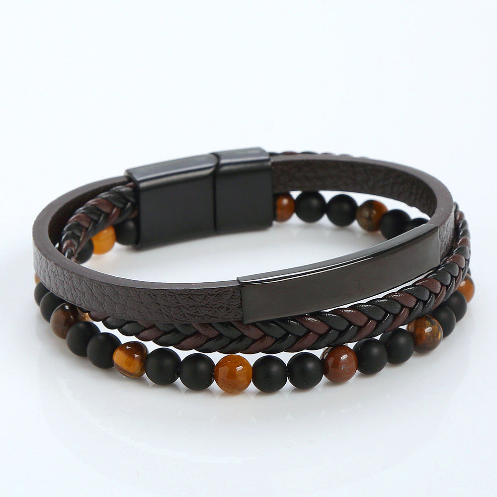 Men's stainless steel bracelet, magnet clasp leather cowhide rope braided,  Men's Bracelet Factory