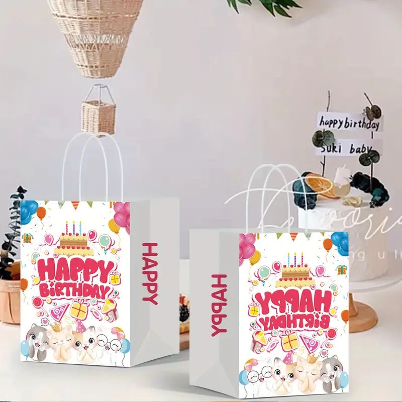 10/50/100 pcs, Happy Birthday Cute Kitten Tote Bag, Birthday Gift Bag, Shopping Bag, Candy Bag, Baking Supplies Bag, Gift Bag For Birthday Party