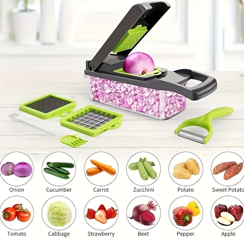 16 Pcs/Set, Vegetable Chopper, Multifunctional Fruit Slicer, Handle Food Grater, Vegetable Slicer, Cutter With Container, Onion Mincer Chopper With Multiple Interchangeable Blades, Household Potato Shredder, Kitchen Stuff, Kitchen Gadgets