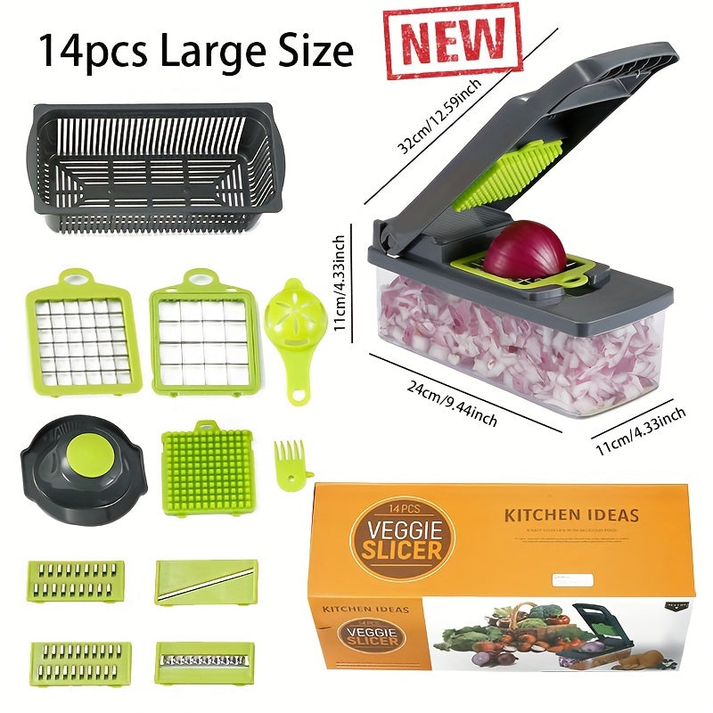 14pcs/set, Vegetable Chopper, Multifunctional Fruit Slicer, Manual Food Grater, Vegetable Slicer, Cutter With Container And Hand Guard, Onion Mincer Chopper, Household Potato Shredder, Kitchen Stuff, Kitchen Gadgets, Back To School Supplies