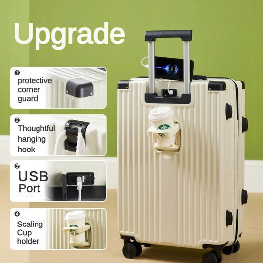 20/24/26-inch travel boarding case, functional trolley suitcase, with password lock, with USB charging port, with a separate water bottle holder, with a hanging hook.