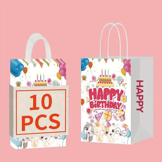 10/50/100 pcs, Happy Birthday Cute Kitten Tote Bag, Birthday Gift Bag, Shopping Bag, Candy Bag, Baking Supplies Bag, Gift Bag For Birthday Party