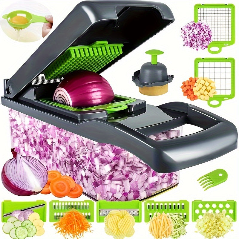 16 Pcs/Set, Vegetable Chopper, Multifunctional Fruit Slicer, Handle Food Grater, Vegetable Slicer, Cutter With Container, Onion Mincer Chopper With Multiple Interchangeable Blades, Household Potato Shredder, Kitchen Stuff, Kitchen Gadgets