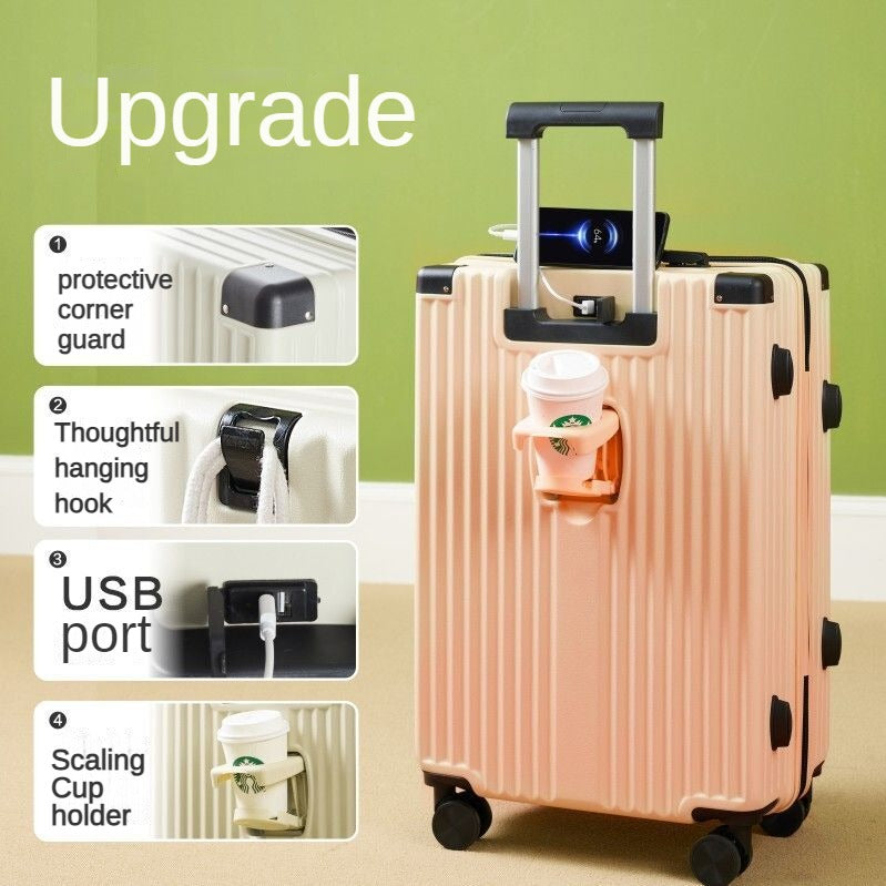 20/24/26-inch travel boarding case, functional trolley suitcase, with password lock, with USB charging port, with a separate water bottle holder, with a hanging hook.