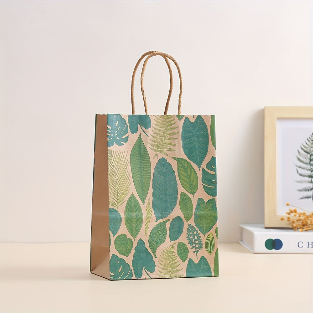 8/16/24pcs, Green Plant Printed Kraft Paper Bags Birthday Party Gift Packaging Bags Tote Bags Snacks Cookies Candy Paper Bags Shopping Bags In Shopping Malls, Small Business Supplies, Shopping Bag, Party Bag, Party Gift Bag, Craft Tote Bag