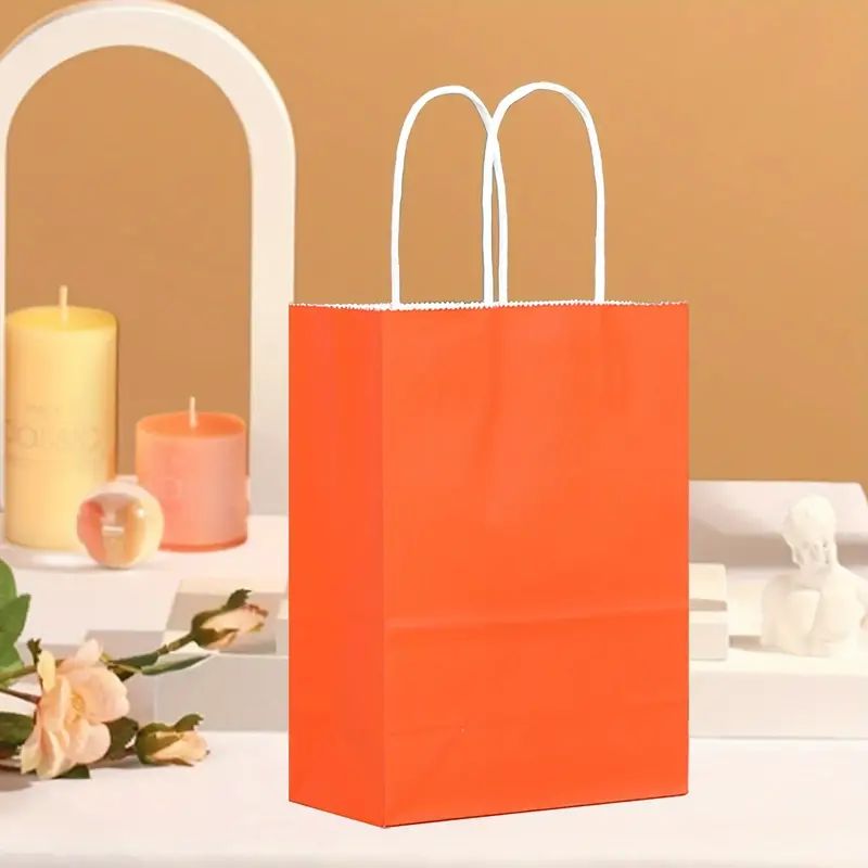 8/12/25/50/100 pcs, Lively And Vibrant Orange Gift Bags, Gift Bags More Suitable For Party Events, Kraft Paper Material With Tote, Wedding, Birthday, Festival Celebration, Bridal Shower, Small Business Supplies, Shopping Bag, Party Bag, Party Gift Bag