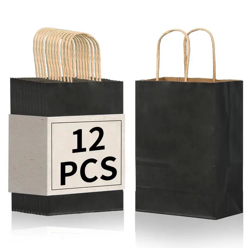 8/12/25/50/100pcs, Fashionable And Practical Black Kraft Paper Hand-held Gift Bags, Suitable For Gift Packaging For Various Birthday Parties And Gatherings, Small Business Supplies, Shopping Bag, Party Bag, Party Gift Bag, Craft Tote Bag, Party Favors