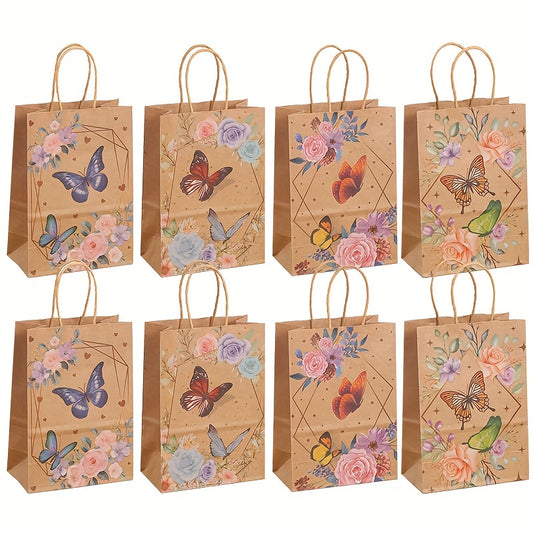 8/16pcs, Kraft Paper Party Packaging Bag, Butterfly Printing Handbag, Shopping Bag, Kraft Paper Bag, Birthday Gift, Party Gift, Candy And Biscuit Packaging, Hand-held Paper Bag, Small Snack Packaging Bag, Small Business Supplies