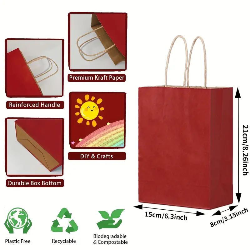 8/12/25/50/100pcs, Christmas New Year Halloween Wine Red Gift Bag, Kraft Paper Material With Tote, 6.3*3.15*8.26 Inches, Wedding Tote Bag, Birthday Gift Bag, More Suitable For Various Festival Party Gift Bags, Shopping Bag, Party Bag, Party Gift Bag