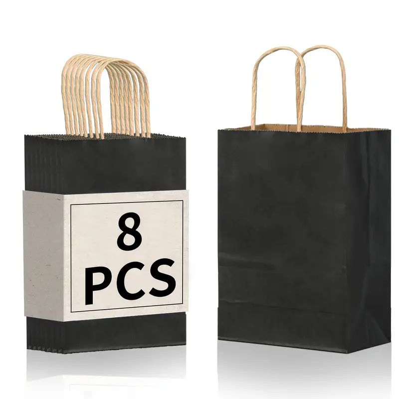 8/12/25/50/100pcs, Fashionable And Practical Black Kraft Paper Hand-held Gift Bags, Suitable For Gift Packaging For Various Birthday Parties And Gatherings, Small Business Supplies, Shopping Bag, Party Bag, Party Gift Bag, Craft Tote Bag, Party Favors