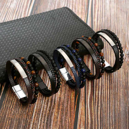 Men's stainless steel bracelet, magnet clasp leather cowhide rope braided,  Men's Bracelet Factory