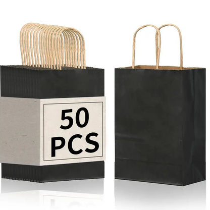 8/12/25/50/100pcs, Fashionable And Practical Black Kraft Paper Hand-held Gift Bags, Suitable For Gift Packaging For Various Birthday Parties And Gatherings, Small Business Supplies, Shopping Bag, Party Bag, Party Gift Bag, Craft Tote Bag, Party Favors