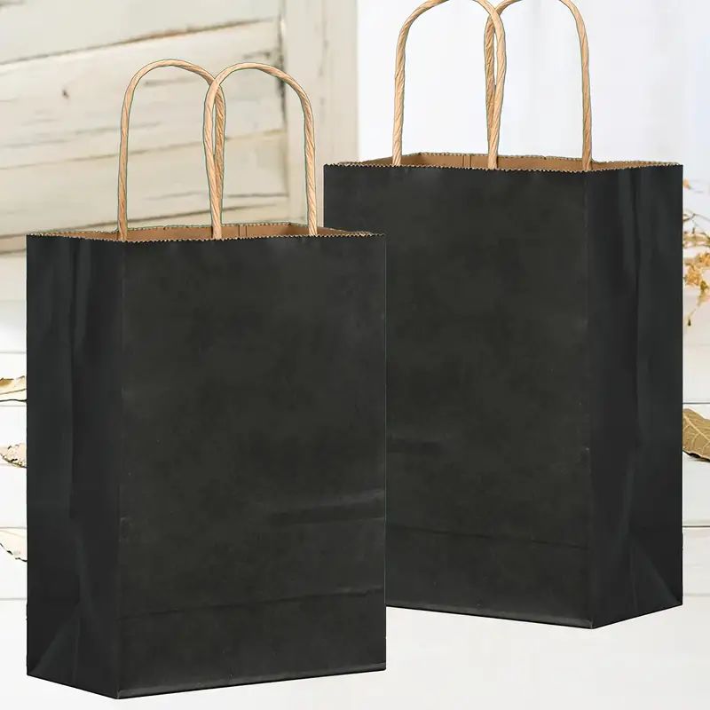 8/12/25/50/100pcs, Fashionable And Practical Black Kraft Paper Hand-held Gift Bags, Suitable For Gift Packaging For Various Birthday Parties And Gatherings, Small Business Supplies, Shopping Bag, Party Bag, Party Gift Bag, Craft Tote Bag, Party Favors