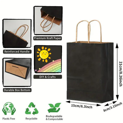 8/12/25/50/100pcs, Fashionable And Practical Black Kraft Paper Hand-held Gift Bags, Suitable For Gift Packaging For Various Birthday Parties And Gatherings, Small Business Supplies, Shopping Bag, Party Bag, Party Gift Bag, Craft Tote Bag, Party Favors