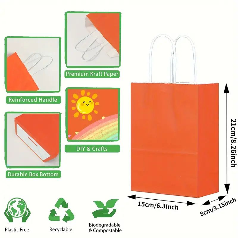 8/12/25/50/100 pcs, Lively And Vibrant Orange Gift Bags, Gift Bags More Suitable For Party Events, Kraft Paper Material With Tote, Wedding, Birthday, Festival Celebration, Bridal Shower, Small Business Supplies, Shopping Bag, Party Bag, Party Gift Bag