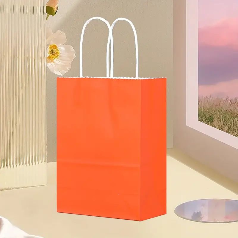 8/12/25/50/100 pcs, Lively And Vibrant Orange Gift Bags, Gift Bags More Suitable For Party Events, Kraft Paper Material With Tote, Wedding, Birthday, Festival Celebration, Bridal Shower, Small Business Supplies, Shopping Bag, Party Bag, Party Gift Bag