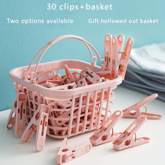 30pcs Windproof Plastic Clothes Drying Clips with Storage Basket - Set of 20 - Perfect for Underwear, Socks, and Quilts - Space-Saving Household Essential