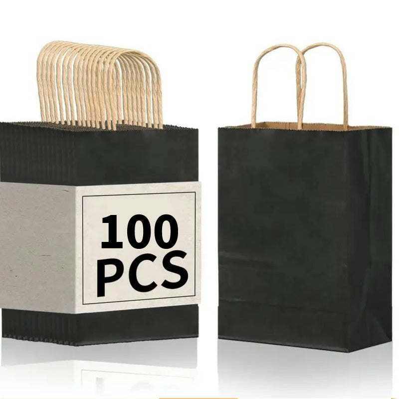 8/12/25/50/100pcs, Fashionable And Practical Black Kraft Paper Hand-held Gift Bags, Suitable For Gift Packaging For Various Birthday Parties And Gatherings, Small Business Supplies, Shopping Bag, Party Bag, Party Gift Bag, Craft Tote Bag, Party Favors