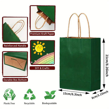 8/12/25/50/100pcs, Dark Green Portable Kraft Paper Bags, Practical Party Gift Bags, With Textured Colors, Suitable For Various Party Activities, Christmas, Halloween, Thanksgiving, St. Patrick's Day And Other Family Gatherings, Birthday Gift Bags