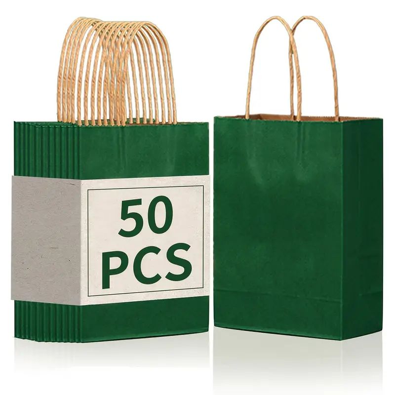 8/12/25/50/100pcs, Dark Green Portable Kraft Paper Bags, Practical Party Gift Bags, With Textured Colors, Suitable For Various Party Activities, Christmas, Halloween, Thanksgiving, St. Patrick's Day And Other Family Gatherings, Birthday Gift Bags