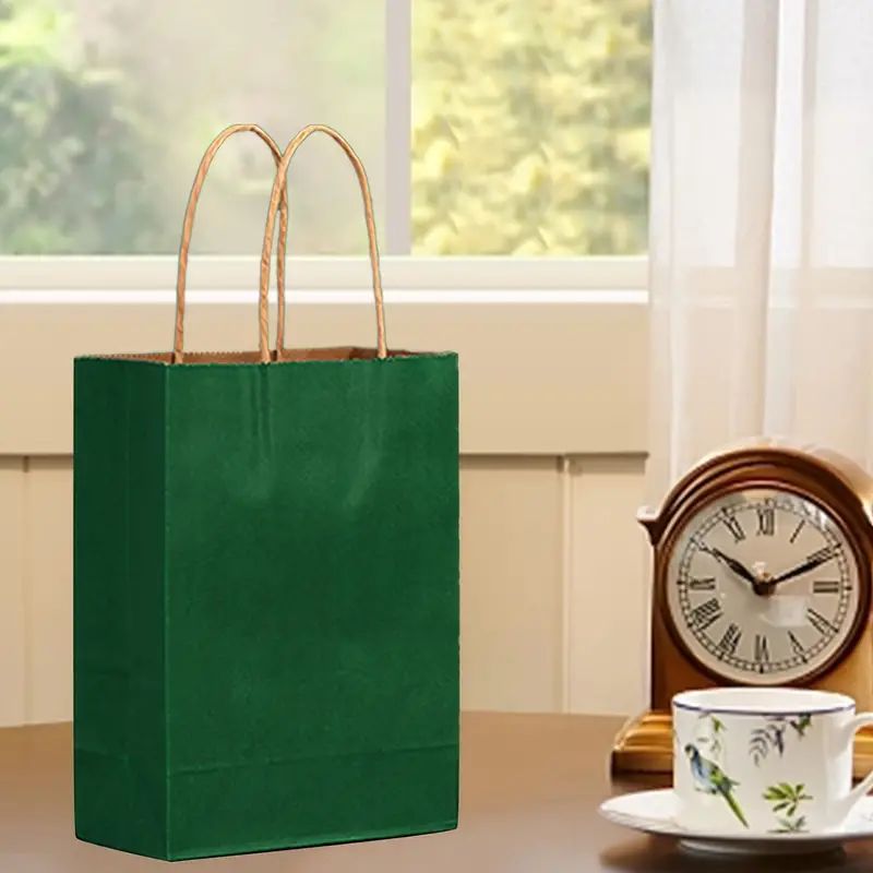 8/12/25/50/100pcs, Dark Green Portable Kraft Paper Bags, Practical Party Gift Bags, With Textured Colors, Suitable For Various Party Activities, Christmas, Halloween, Thanksgiving, St. Patrick's Day And Other Family Gatherings, Birthday Gift Bags